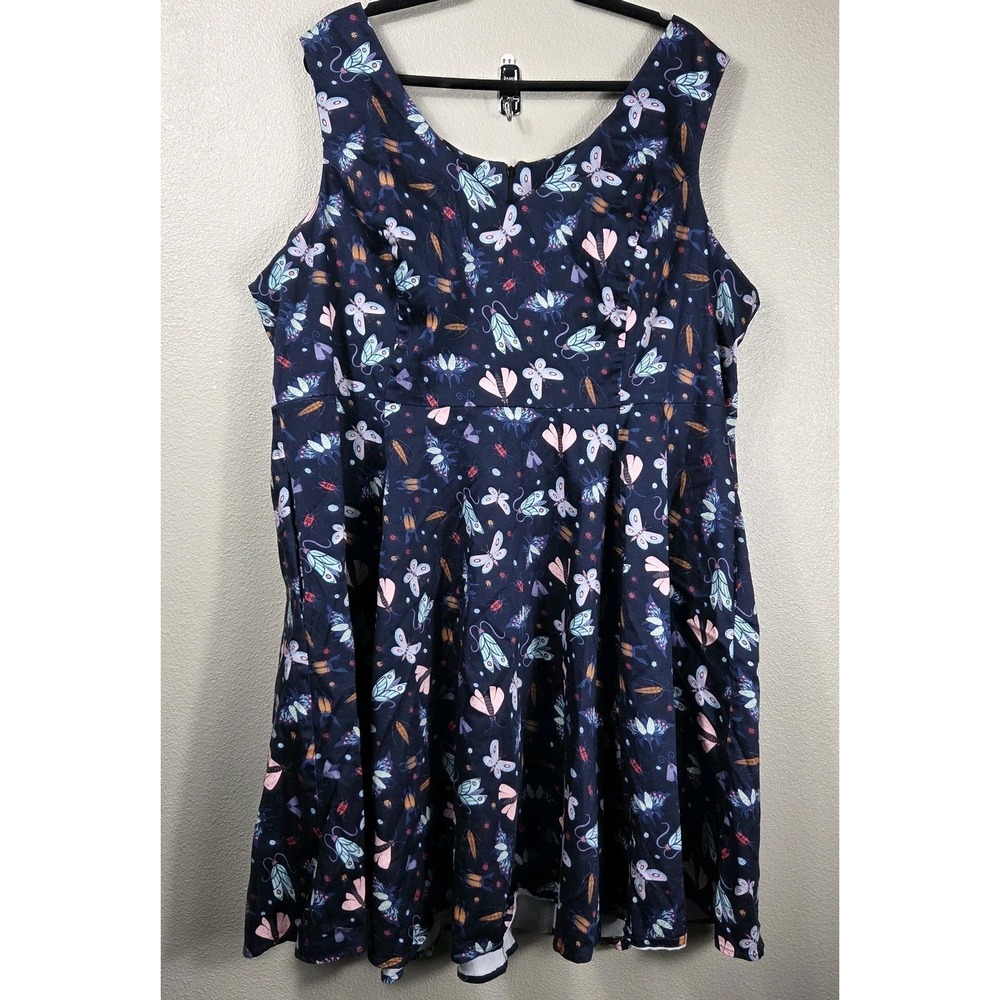 Eva Rose Navy Butterfly & Moth Print Fit and Flare Dress Size 4X Cotton Pockets